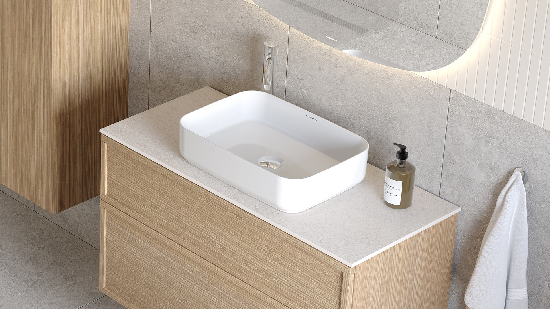 Poem Soft vaskeskab i pur eg med Kalk bordplade