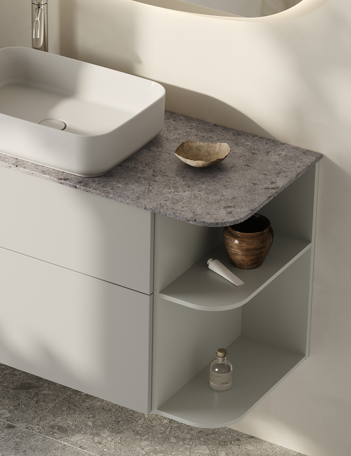 Poem Soft vaskeskab i havre med Kalk bordplade