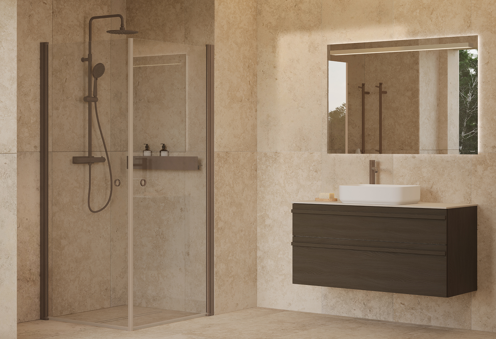 Poem vaskeskab i brun ask med profilen List og detaljer i mocca