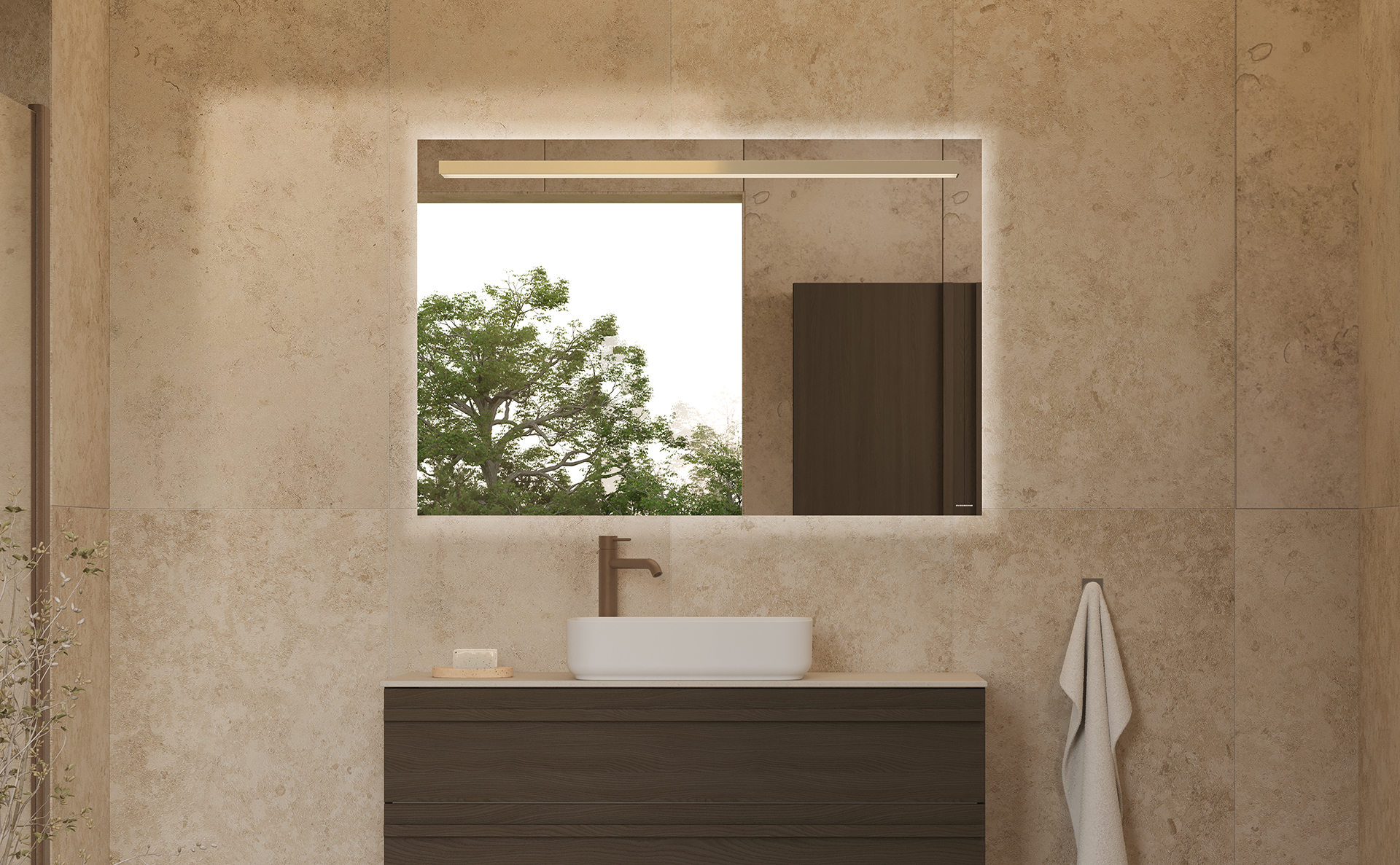 Poem vaskeskab i brun ask med profilen List og detaljer i mocca