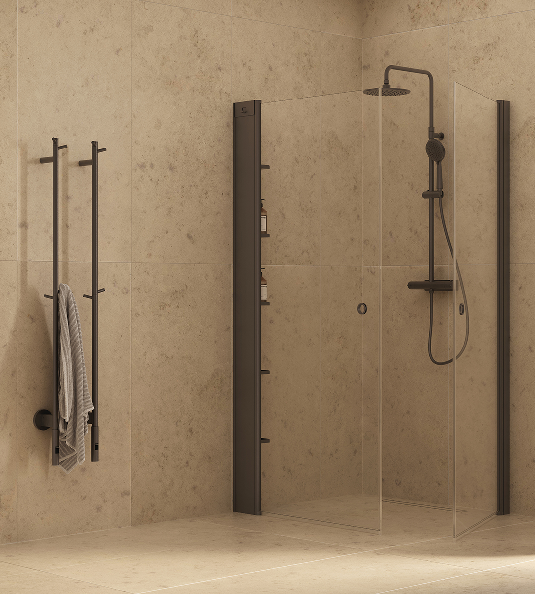 Skoga hjørnebruser og Amor håndklædetørrer i profilfarven mocca