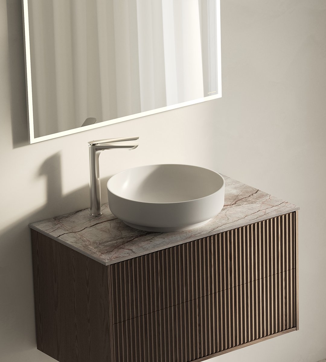 Epos vaskeskab i brun ask med fronten Svall og Silva bordplade