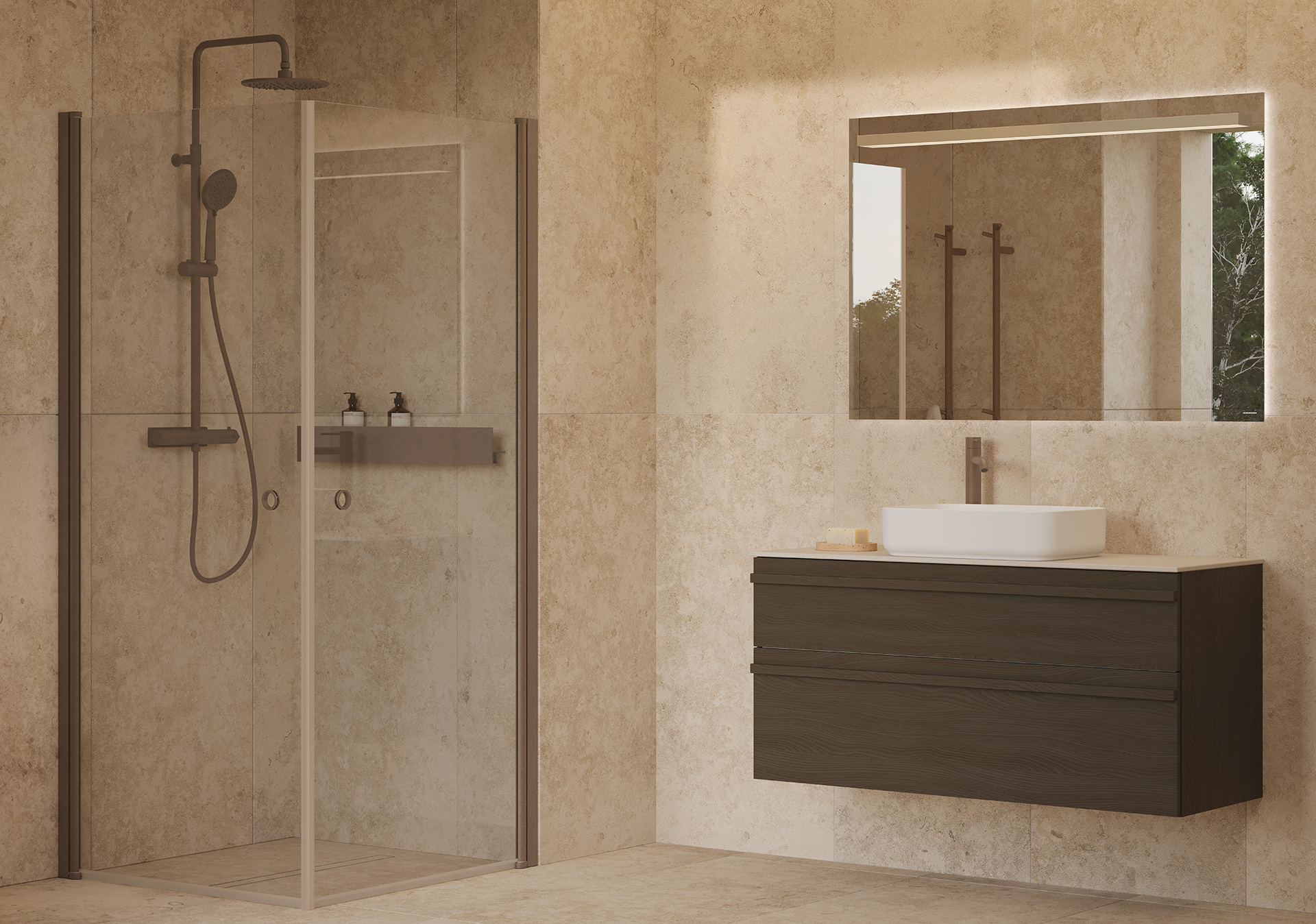 Poem vaskeskab i brun ask med profilen List og detaljer i mocca