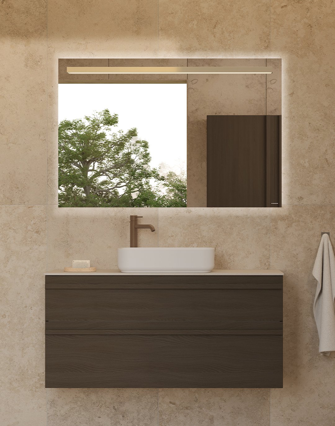 Poem vaskeskab i brun ask med profilen List og detaljer i mocca