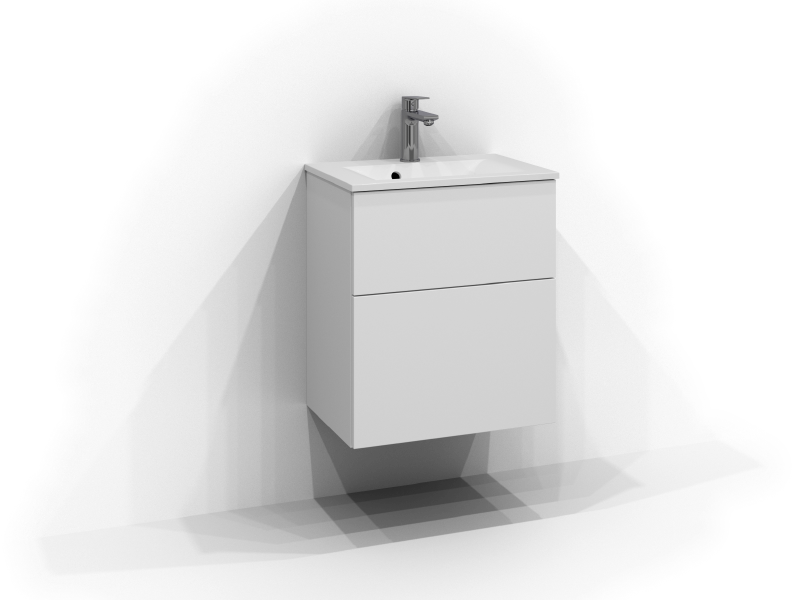Poem kommode 50 cm bred, vægmonteret, i hvid med to skuffer uden greb. Hvid porcelænshåndvask med krom etgrebsarmatur monteret i midten af håndvasken.