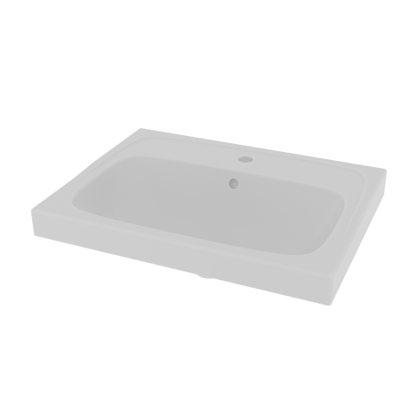 Håndvask Deep i hvid porcelæn, 60x45 cm, med hul til armatur og overløb. Set skråt oppefra, gennemsigtig baggrund.