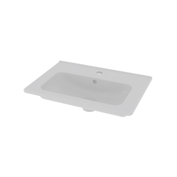 Håndvask Hav i hvid porcelæn, 50x35 cm, med hul til armatur og overløb. Set skråt oppefra, gennemsigtig baggrund.