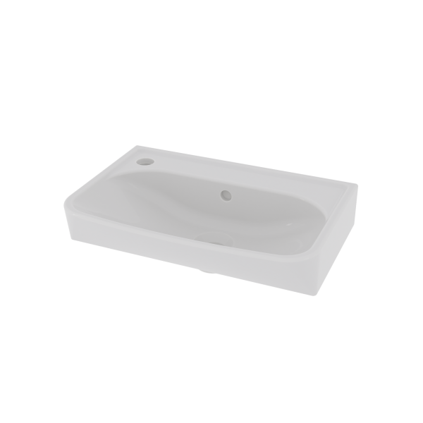 Håndvask Skapa i hvid porcelæn, 45x25 cm, med hul til armatur og overløb. Set skråt oppefra, gennemsigtig baggrund.