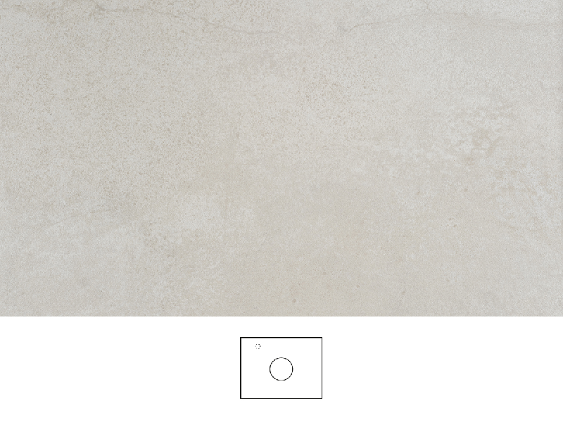 Jura bordplade 60 cm i lys beige kalkstenslook med silkemat finish og blød naturlig struktur. Håndvask centreret på bordpladen, krom etgrebsarmatur til venstre for håndvasken.