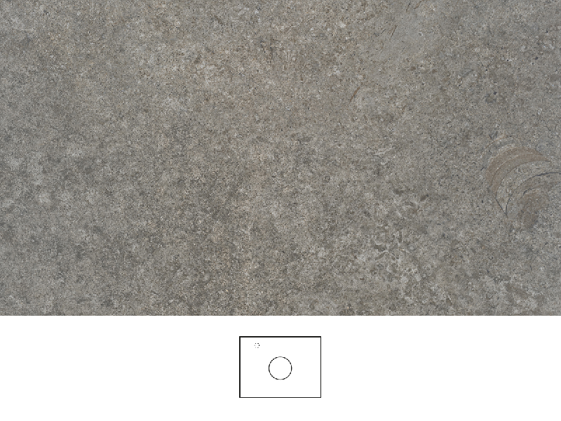 Mineral bordplade 60 cm i varmgrå stenlook med naturlige variationer og mat struktur. Håndvask centreret på bordpladen, krom etgrebsarmatur til venstre for håndvasken.