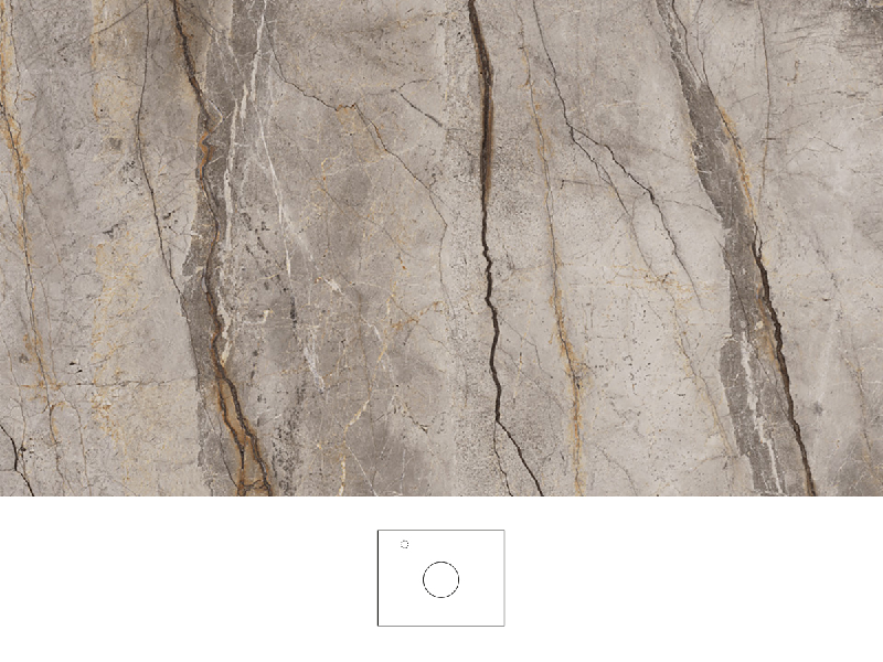 Silva bordplade 60 cm i varmgrå stenlook med mat, let struktureret overflade. Håndvask centreret på bordpladen, krom etgrebsarmatur til venstre for håndvasken.