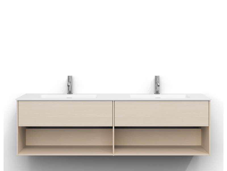 Epos kommode 160 cm bred, vægmonteret, i hvid ask med to skuffer og to åbne hylder, uden greb. Hvid håndvask i mineral komposit med to kummer og krom etgrebsarmatur monteret ved hver kumme.