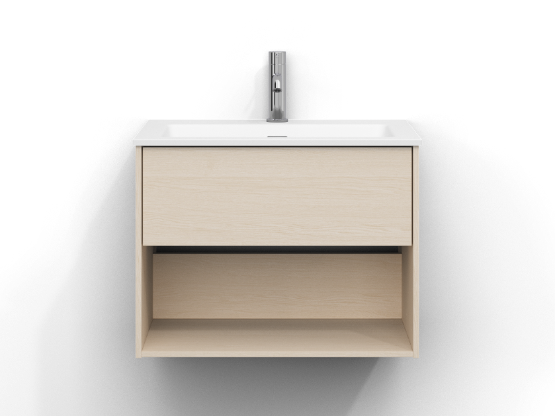 Epos kommode 60 cm bred, vægmonteret, i hvid ask med en skuffe og en åben hylde, uden greb. Hvid porcelænshåndvask med krom etgrebsarmatur monteret i midten af håndvasken.