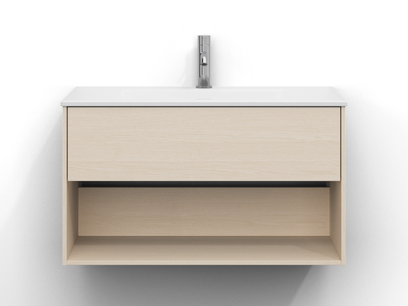 Epos kommode 80 cm bred, vægmonteret, i hvid ask med en skuffe og en åben hylde, uden greb. Hvid porcelænshåndvask med krom etgrebsarmatur monteret i midten af håndvasken.