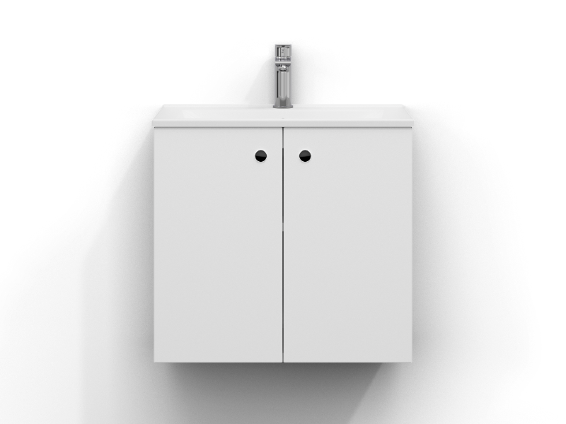 Intro kommode 60 cm bred, vægmonteret, i mat hvid med to døre og grebshul. Hvid porcelænshåndvask med krom etgrebsarmatur monteret i midten af håndvasken.