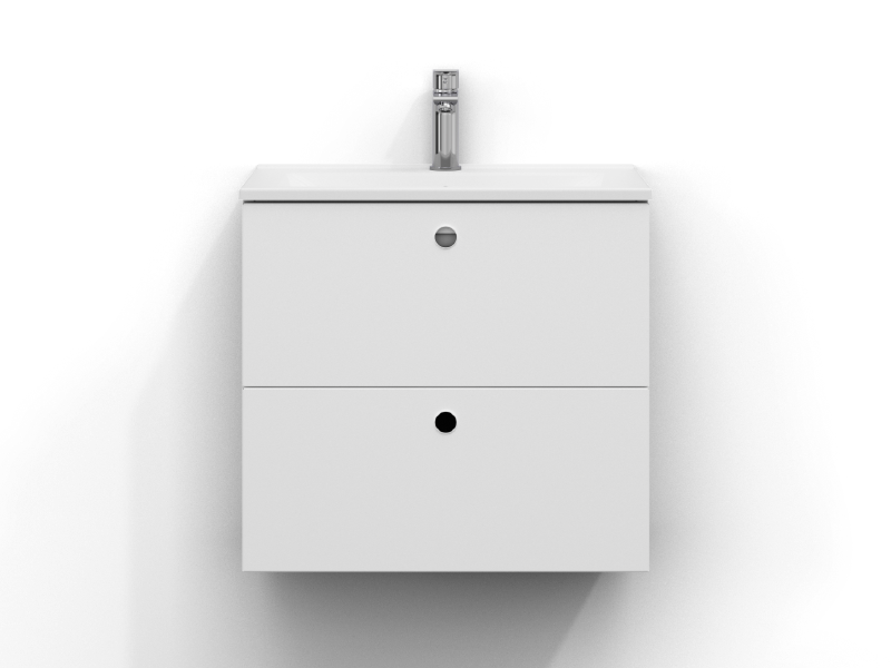Intro kommode 60 cm bred, vægmonteret, i mat hvid med to skuffer og grebshul. Hvid porcelænshåndvask med krom etgrebsarmatur monteret i midten af håndvasken.