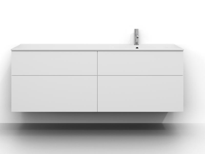 Poem kommode 160 cm bred, vægmonteret, i hvid med fire skuffer uden greb. Hvid håndvask i mineral komposit med kumme til højre og krom etgrebsarmatur monteret til højre på håndvasken.
