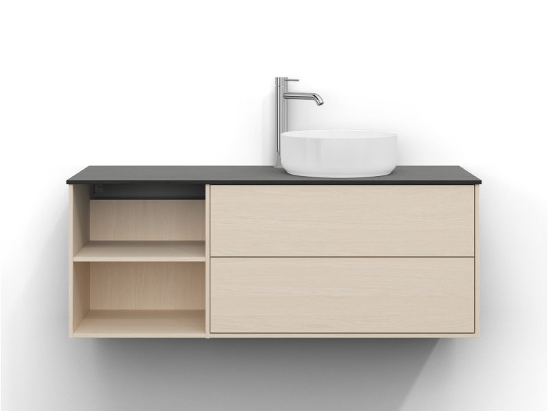 Epos underskab 120×45 cm i hvid ask med to skuffer, åben hylde og Plan-front. Mørk Feron-bordplade og rund hvid Myre-håndvask til højre.